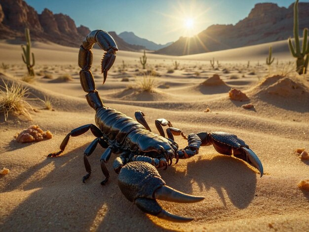 Photo scorpion with its robust body and curved tail in the middle of a dessert