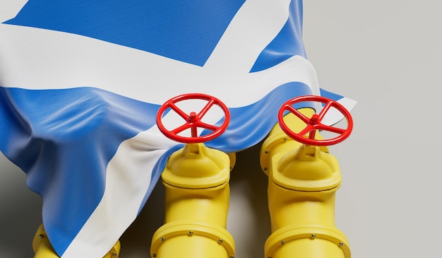 Scotland flag covering an oil and gas fuel pipe line Oil industry concept 3D Rendering