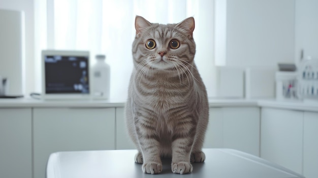 Photo scottish fold cat sitting on examination table in clinic