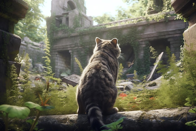 A Scottish Fold standing stoically in the ruins