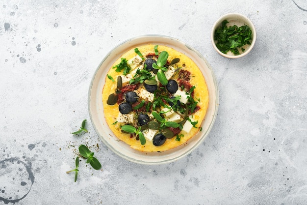 Scrambled eggs Light Fluffy and Buttery Scrambled Eggs with feta cheese sundried tomatoes and black olives on plate over white stone background Delicious breakfast Top view flat lay