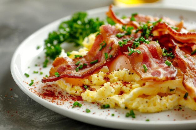 Scrambled eggs with crispy bacon on a white plate