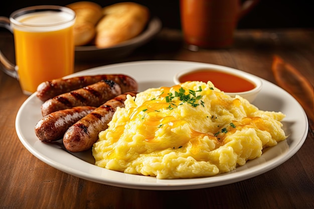 Scrambled eggs with sausage coffee and orange juice