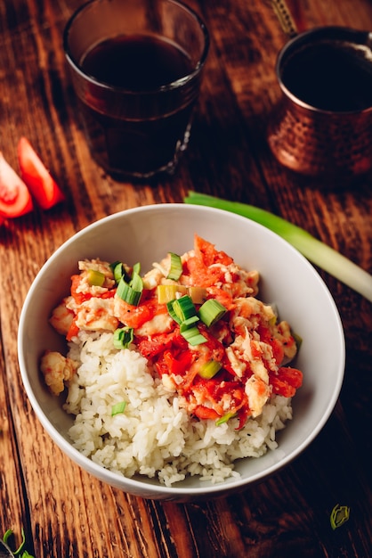 Scrambled eggs with tomatoes leek and white rice