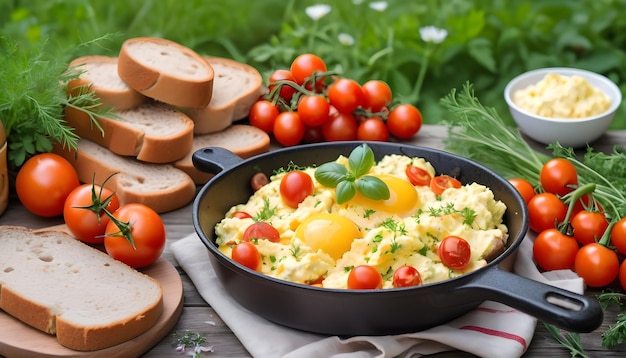 a scrambled eggs with vegetables