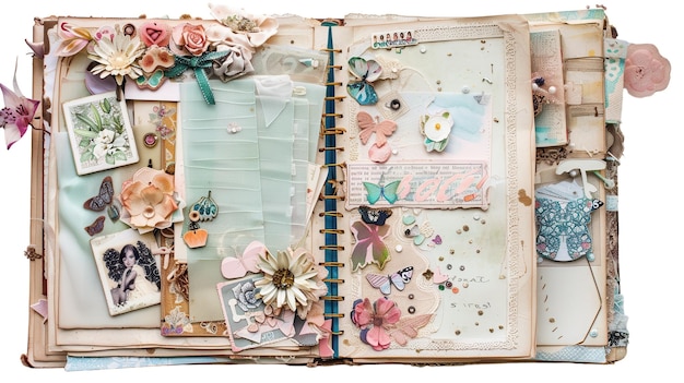 Photo scrapbook with various embellishments on white background