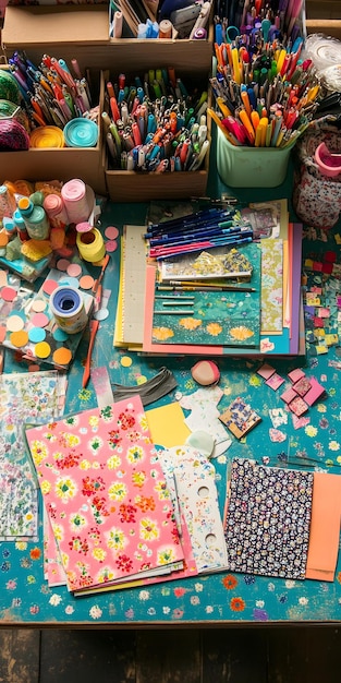 Photo scrapbooking materials on a craft table