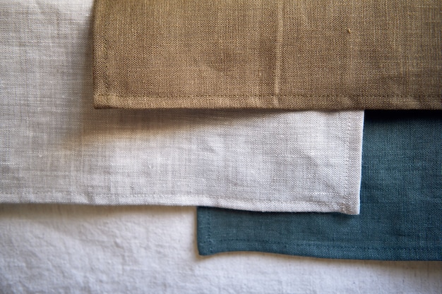 Scraps of natural flax of different colors grey blue white brown fashionable color palette of