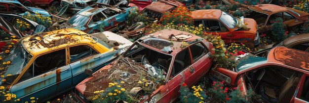 Photo scrapyard heap abandoned wrecked cars in rusty steel cemetery