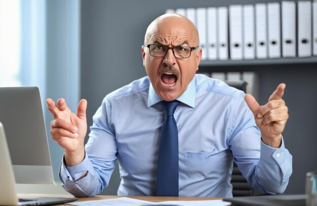 Photo screaming bald male senior office boss with mustache and eyeglasses furious and angry and mad sittin