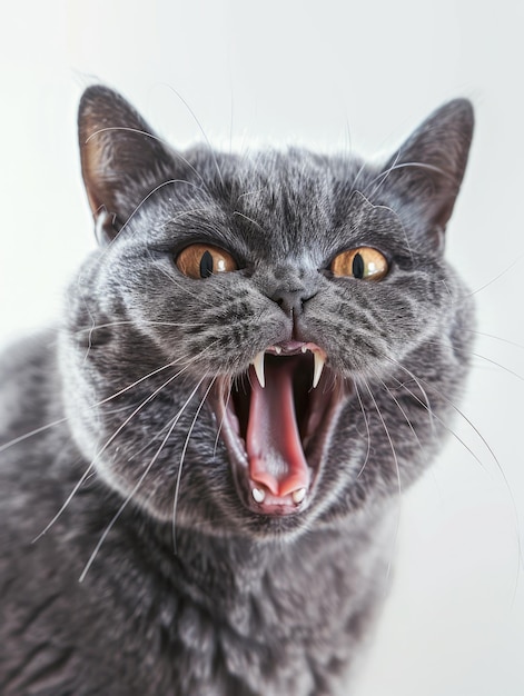 Photo screaming cat closeup of a humorous british cat with white background