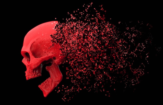 Photo screaming red skull disintegrating into pixels