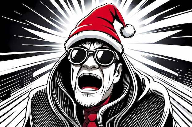 Screaming surprised man with sunglasses and Santa hat Manga style generative AI illustration