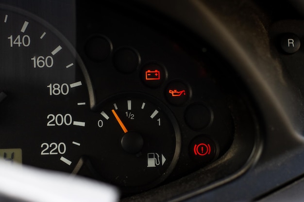 Screen display of car status warning light on dashboard panel symbols which show the fault indicators low battery lack of oil