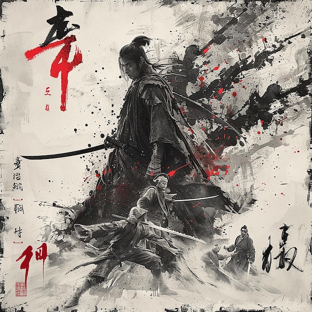 Photo the screen is a poster of a martial arts movie mainly featuring chinese style ink paintings expres