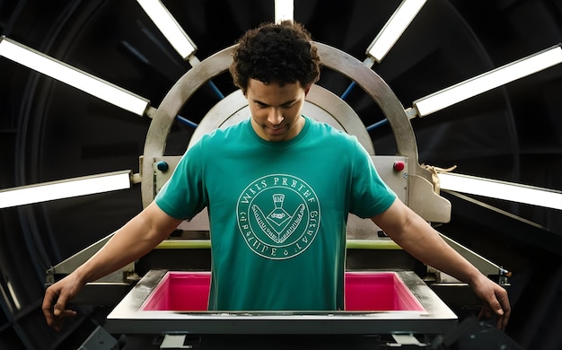 Screen Printing Preparation Green TShirt in Professional Printing Machine