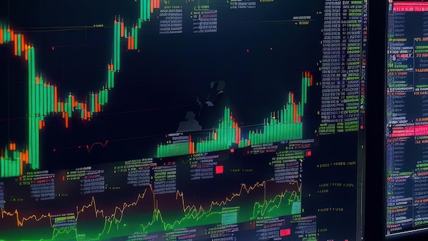 A screen showing a stock market with a chart of stock prices.