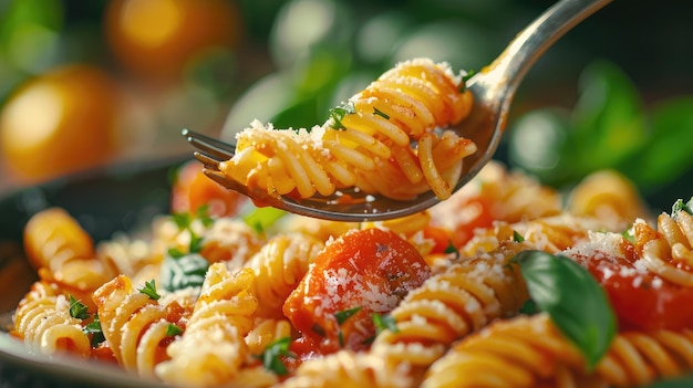 Screengrab of pasta on fork with tomato sauce