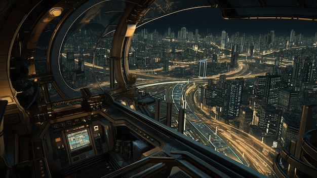 A screenshot of a cockpit with a view of a city at the top.