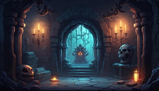 A screenshot of a dark dungeon with a skull in the middle.