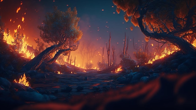 a screenshot of a fire with a tree in the background.