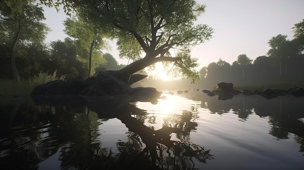 A screenshot of a lake with a tree in the foreground