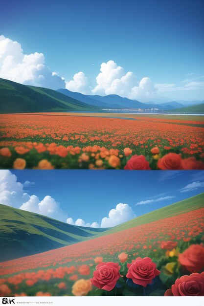 A screenshot of a landscape with a field of flowers and a sky with clouds.