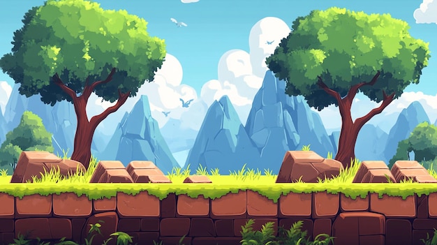 a screenshot of a landscape with trees and a wall with a bird flying in the background