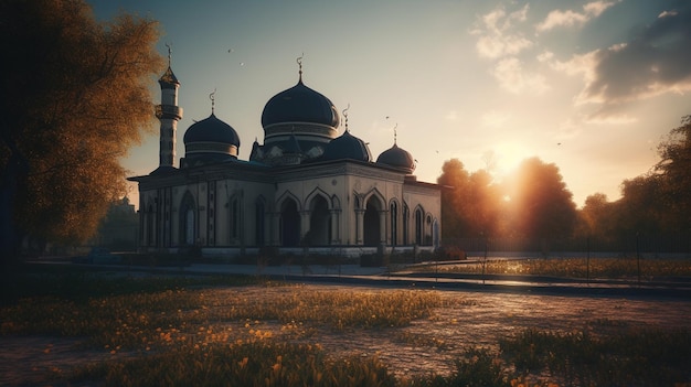 A screenshot of a mosque in a field with the sun setting behind it.