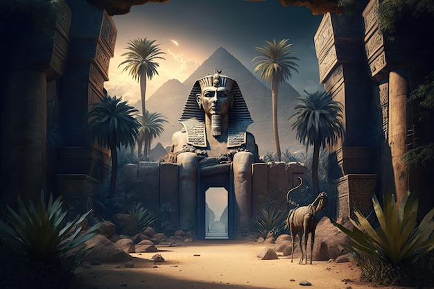 A screenshot of a temple with a statue of a sphinx in the background.