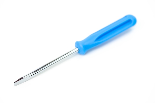 Screwdriver blue handle isolated on white surface. Single object closeup