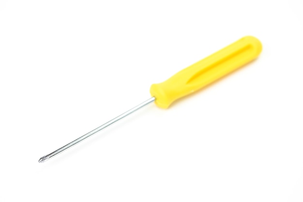 Screwdriver yellow handle isolated on white surface. Single object closeup