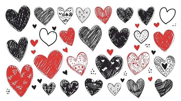 Scribbles of hearts a combination of red and black hearts with a variety of shading small and big