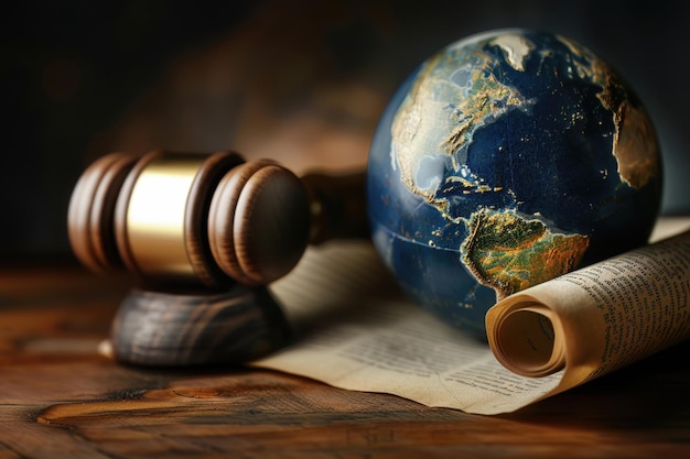 Photo a scroll of laws unfurling over a globe depicting the worldwide impact of legal decisions