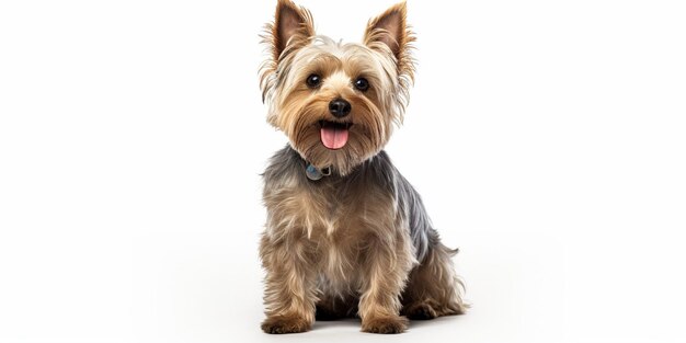 Scruffy adult blue gold Yorkshire terrier dog sitting up facing front Looking towar Generative AI