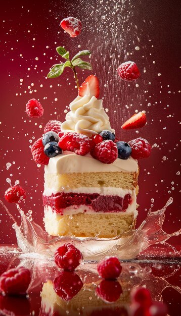 Scrumptious Berry Layer Cake with Whipped Cream Topping and Floating Berries on Vibrant Red