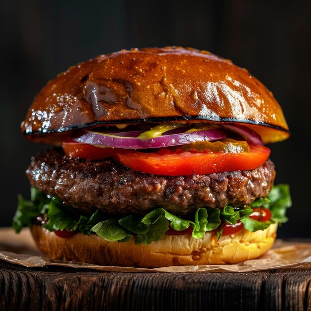 A scrumptious burger loaded with lettuce tomatoes and onions atop a rustic wooden table