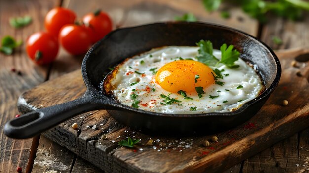 Photo scrumptious egg in cast iron pan with fresh herbs and spices