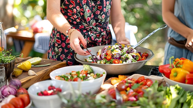 Photo scrumptious salad preparation in a vibrant outdoor setting