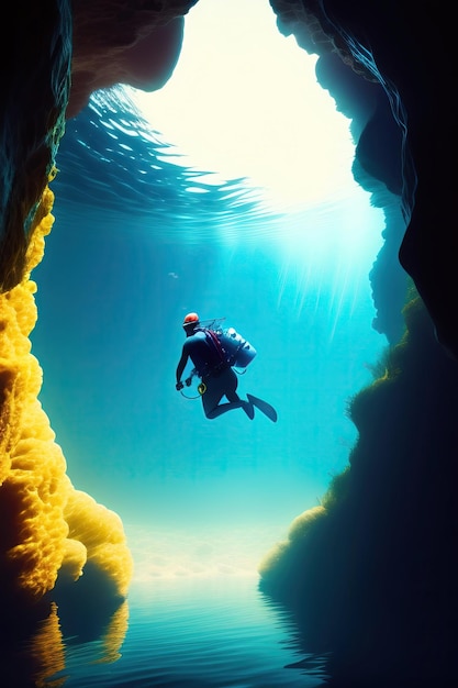 Scuba deep sea diver swimming in a deep ocean cavern Underwater exploration Into the abyss