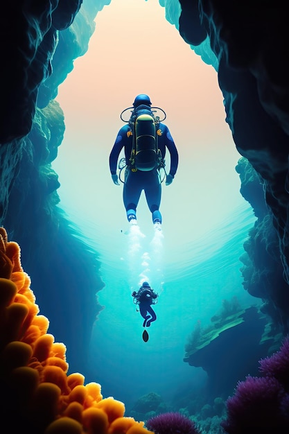 Scuba deep sea diver swimming in a deep ocean cavern Underwater exploration Into the abyss