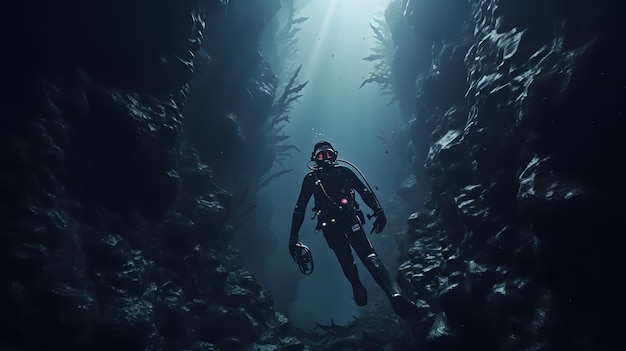 Scuba deep sea diver swimming in a deep ocean cavern