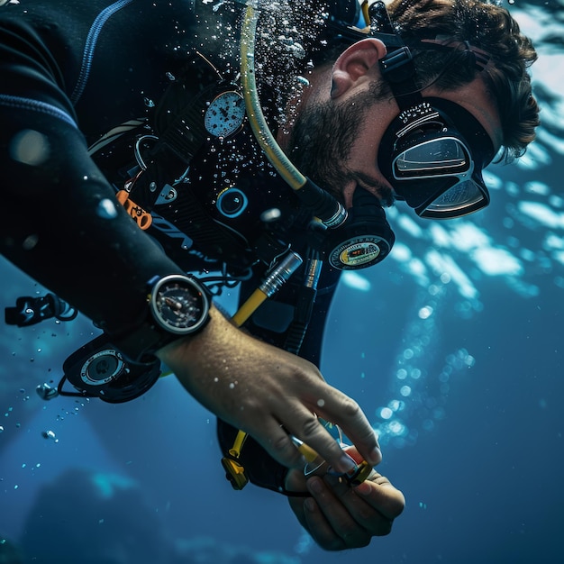 Photo a scuba diver checks their equipment while underwater surrounded by bubbles