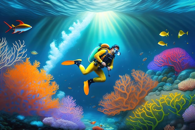 Scuba diver in a coral reef coming up generated by Ai