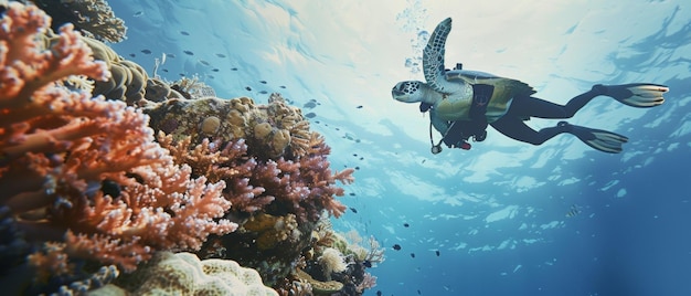 Scuba diver exploring coral reefs teeming with life in the crystalclear ocean depths