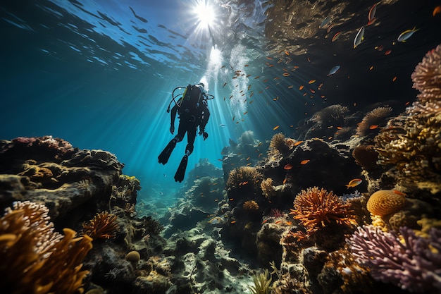 Scuba diver exploring coral reefs