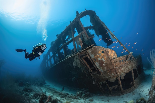 Scuba diver exploring shipwreck with schools of fish swimming all around created with generative ai