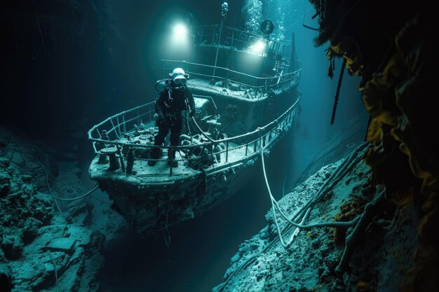 Photo scuba diver exploring underwater sunken shipwreck in depths of the ocean