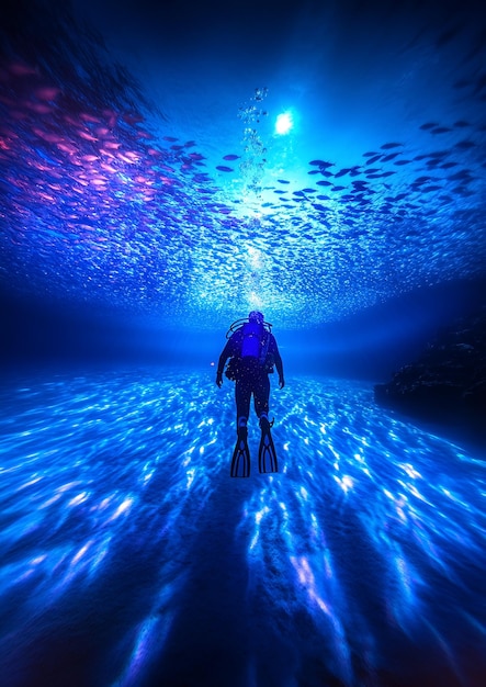 Photo scuba diver exploring underwater with fishes in vibrant blue ocean