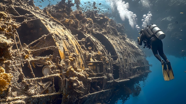 Photo scuba diver exploring the wreckage of a big cruise ship with coral growth and marine life